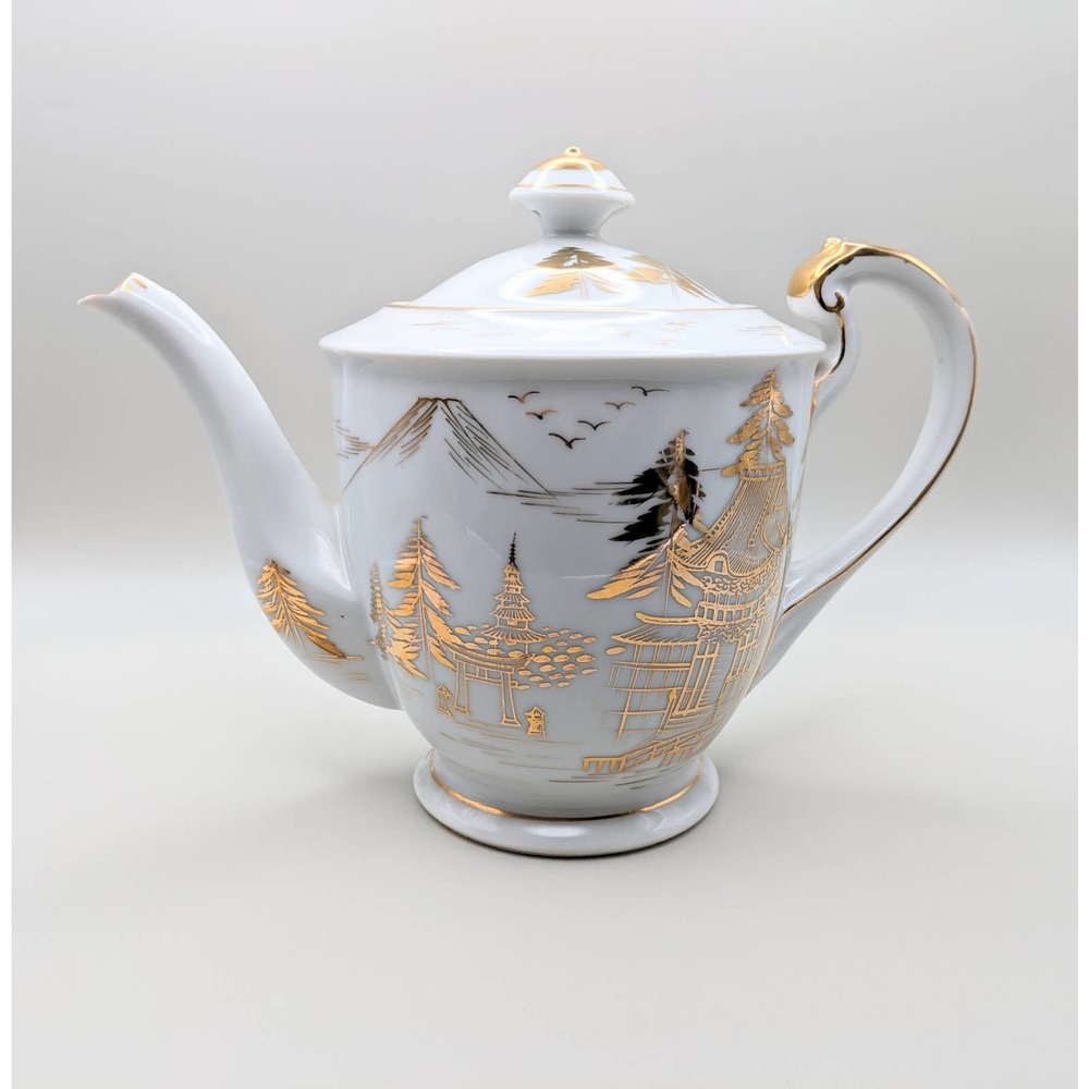Kutani white gold Japanese porcelain teapot RARE PATTERN pagoda bridge mountain